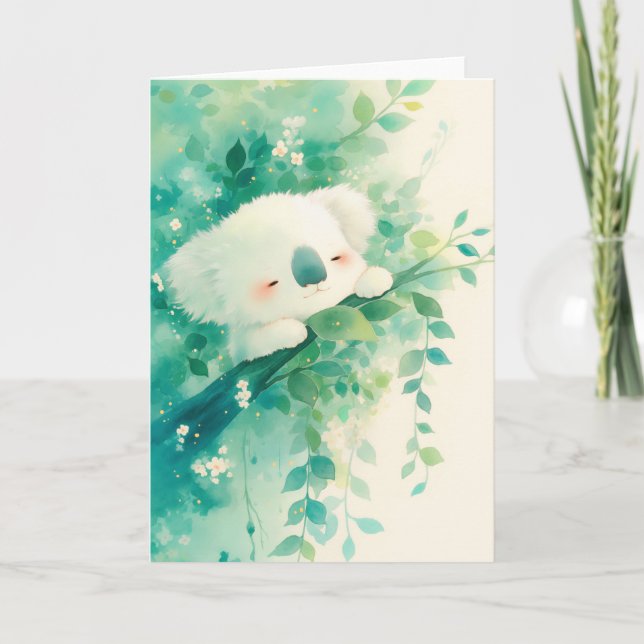 Drömsk koala bland smaragdblad kort (Framsida)