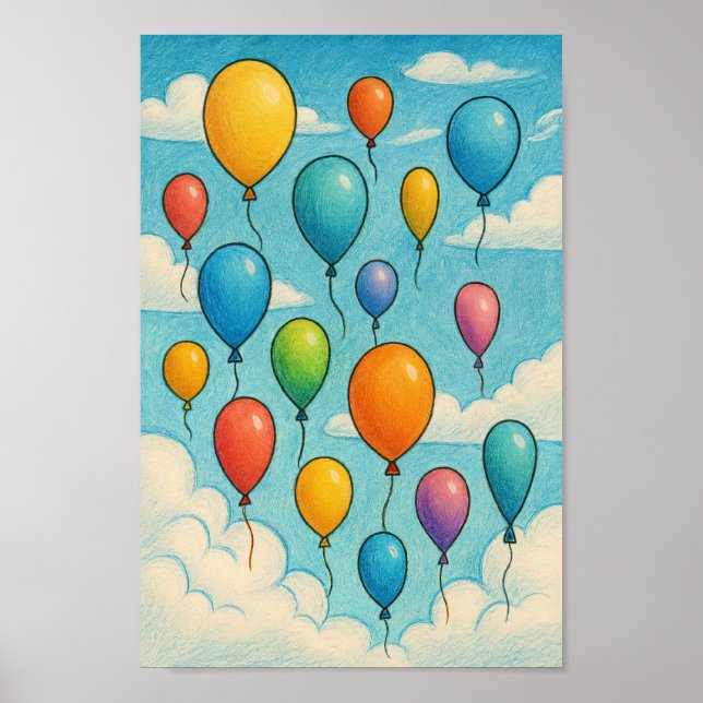 Drömska färgglada ballonger moln konst barnkammare poster (Framsidan)