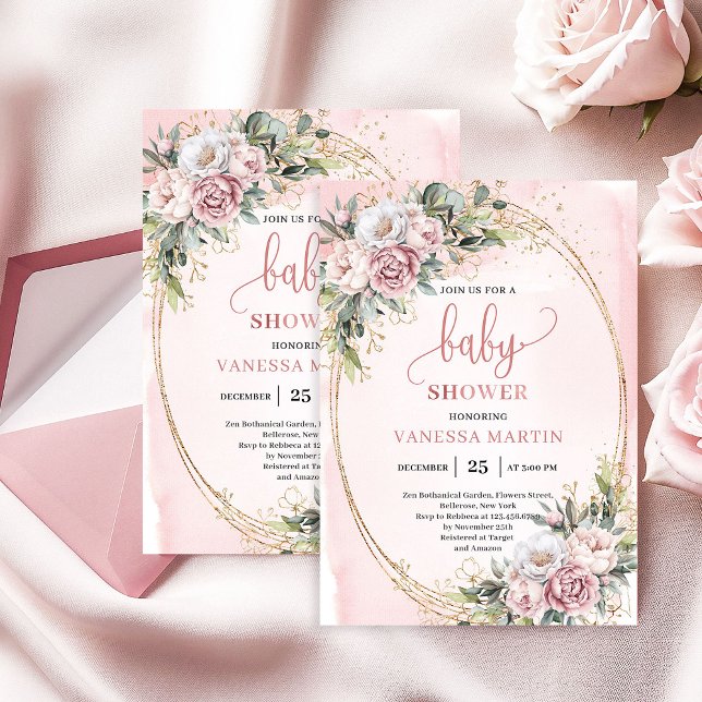 Drömska Rosa Guld Blommor Grönska Flicka Bebis Sho Inbjudningar (Dreamy Rose Gold Flowers Greenery Girl Baby Shower)