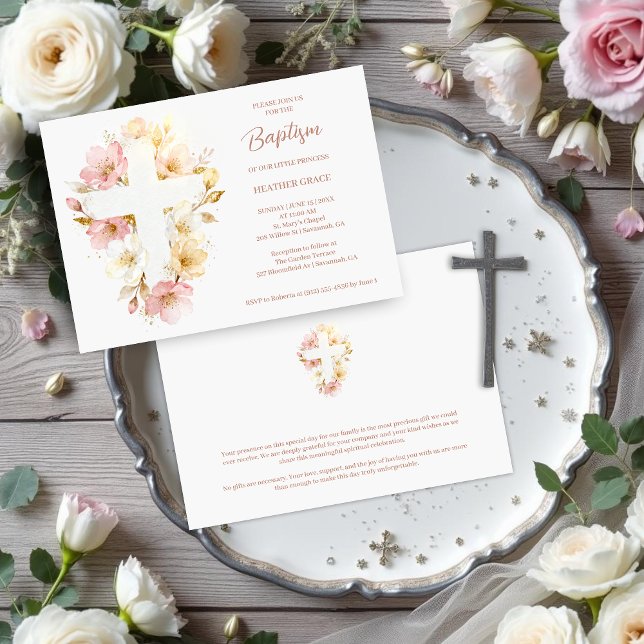 Drömska Rosa Nyanser Blommig Korsformig Dop Inbjudningar (Dreamy Digital Watercolor Pink Shades Floral Cross-Shape Baptism Invitation Cards.)