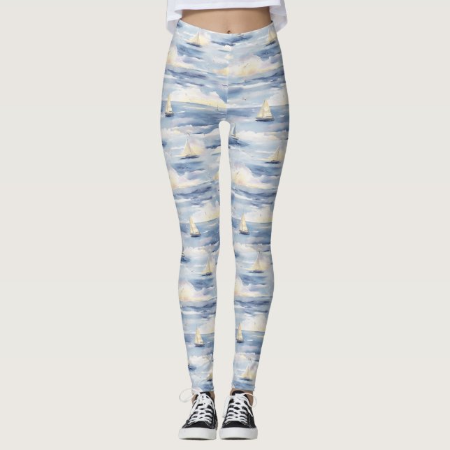 Drömska segelbåtar Hav Akvarell Mönster (1) Leggings (Framsida)