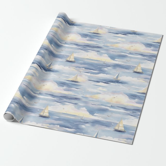Drömska segelbåtar Ocean Akvarellmönster (1) Presentpapper (Utrullad)