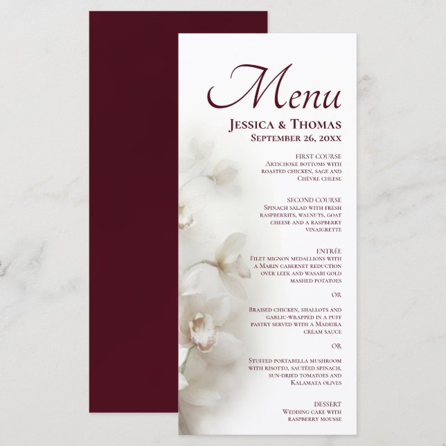 Drömska vita orkidéer Elegant Burgundy Bröllop Meny (Fram/baksida)