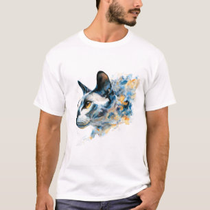 Drömskt akvarell kattprofil Blå Guld Abstrakt T Shirt