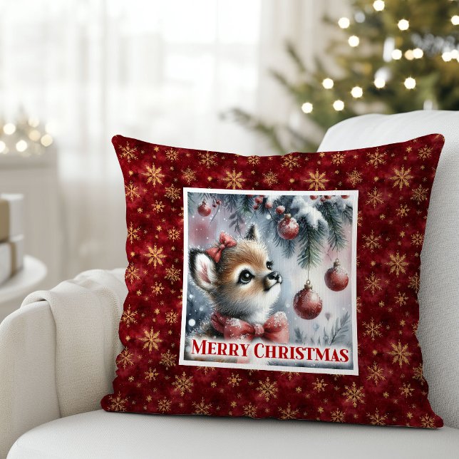 Drömskt julscenario barn rådjur mysig vinter barn  kudde (Dreamy Christmas scene baby fawn cozy winter kids decor)