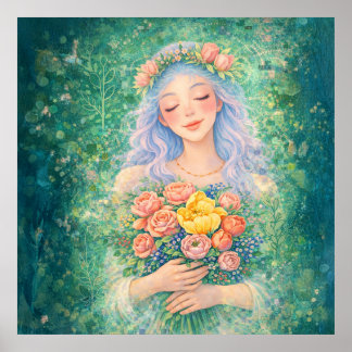 Drömsky Engel med Blommor – Mjuk Grön Fantasykonst Poster