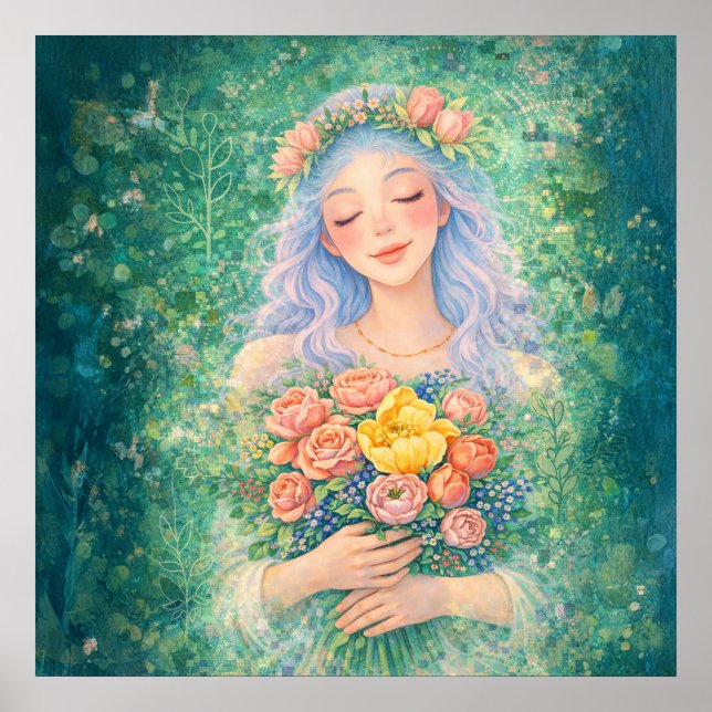 Drömsky Engel med Blommor – Mjuk Grön Fantasykonst Poster (Framsidan)