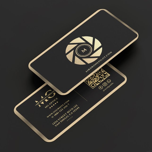 Drone Pilot Professionell Elegant Black Guld Lens Visitkort (Drone Pilot Professional Elegant Black Gold Lens Business Card
)