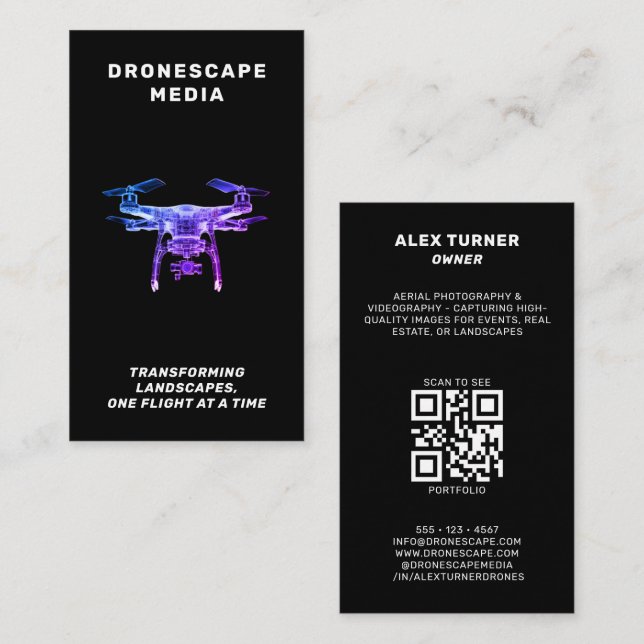 Drone UAV Pilot Photography QR Code Modern Black Visitkort (Fram/baksida)