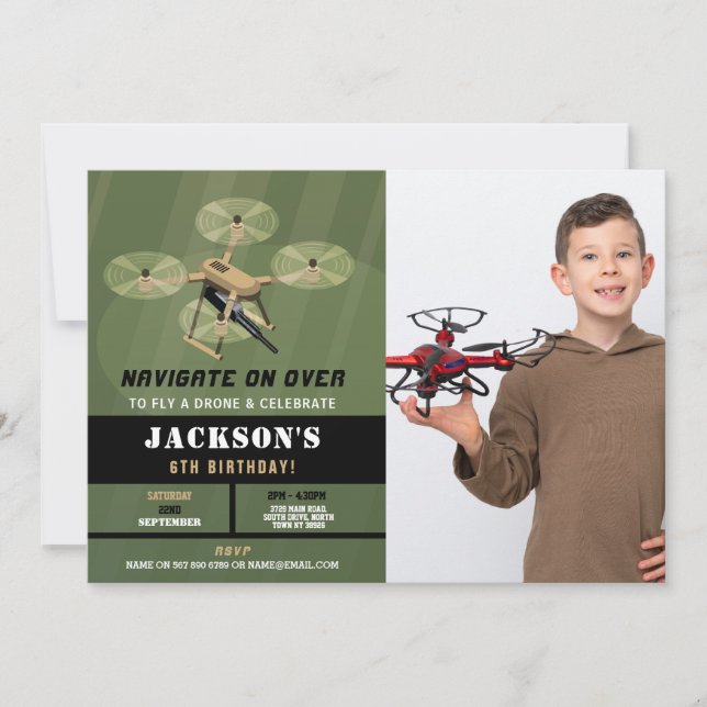 Drones Flies Birthday Army Camo Photo Investigatio Inbjudningar (Framsida)