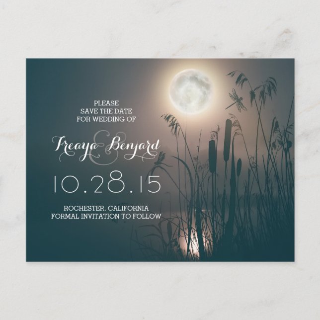 Dronfly fullt måne night & cattails spara datumet meddelande vykort (Framsida)
