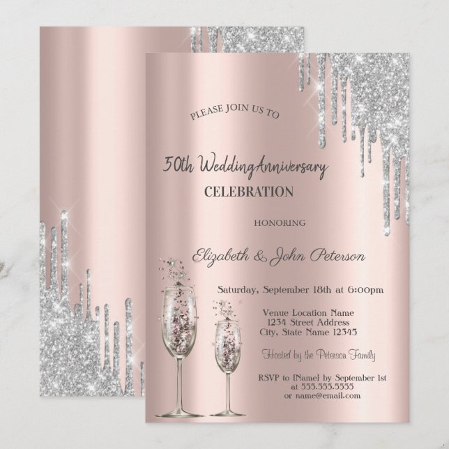 Dropp Glas för Vin Rosa Guld Bröllopsjubileum Inbjudningar (Fram/baksida)
