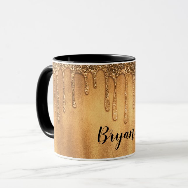Droppande i guld honung glitter vackra droppar mugg (Framsida vänster)