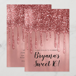 Droppande i roséguld glitter Rosa Sweet 16-fest </ Inbjudningar