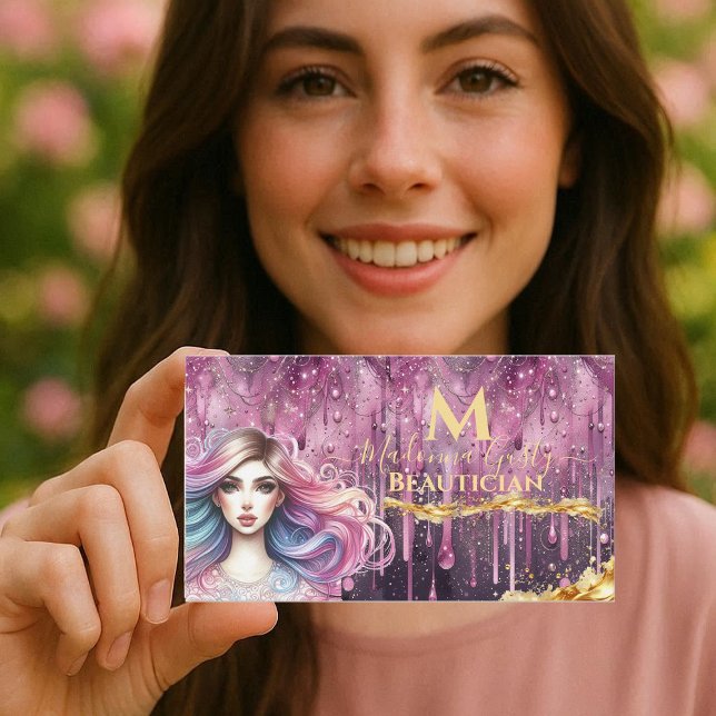 Droppande Pastell Magenta Guld Monogram Skönhetssp Visitkort (Dripping Pastel Magenta Gold Monogram Beautician Business Card)