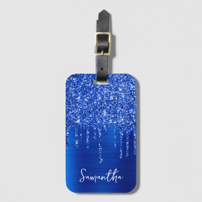 Droppande Royal Blå Glitter Glam Namn Bagagebricka (Framsida vertikal)