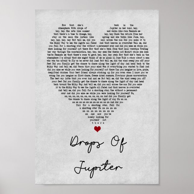 Droppar av Jupiter Grått Heart Sång Lyric-utskrift Poster (Framsidan)