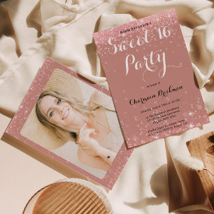 Droppar Ro Guld Glitter Sweet 16 Birthday Photo Inbjudningar