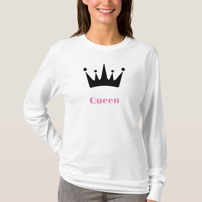 Drottning Anpassad Text Krona Bild Vit Långärmad  T Shirt (Framsida)