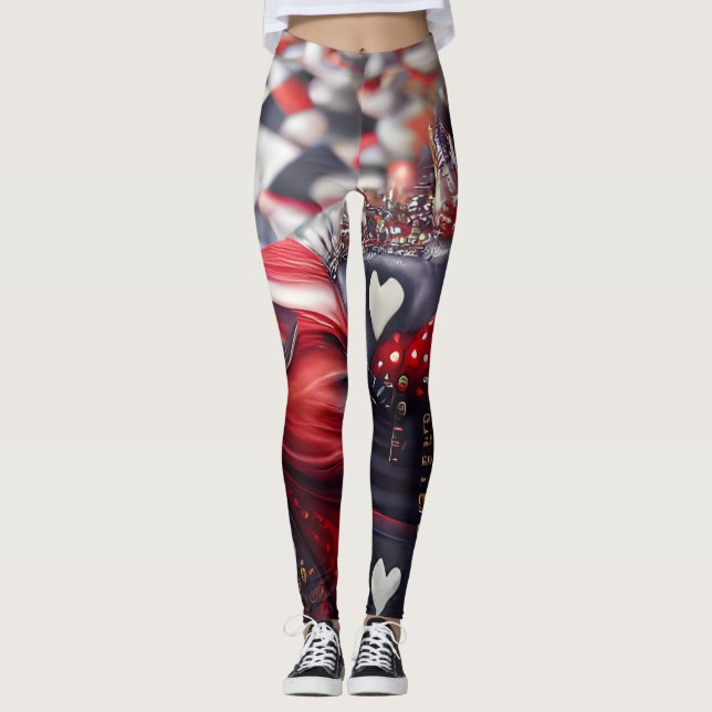Drottning av Hearts Black and Red Unique Mode Leggings (Framsida)
