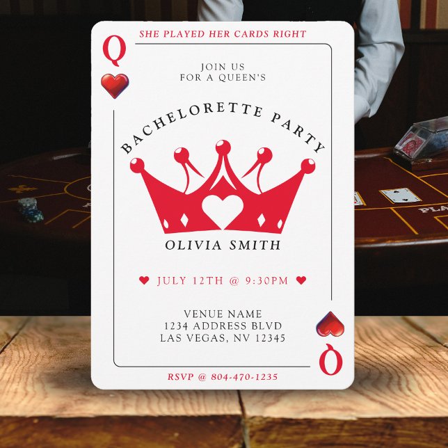 Drottning av Hearts Poker Card Bachelorette Party Inbjudningar (Queen of Hearts Poker Card Bachelorette Party
)
