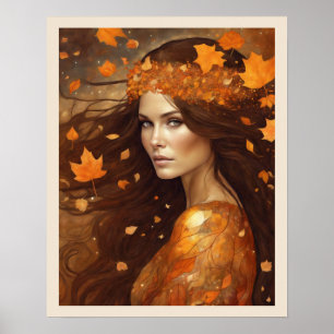 Drottning av hösten Skogen Woman Art Nuevo Skriv u Poster