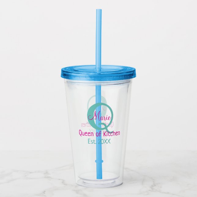 Drottning av köksmonogram grönt rosa simpel minima take away mugg (Framsida)