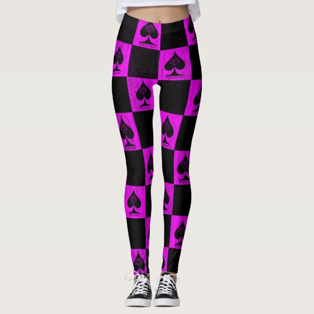 Drottning av Spades Leggings-Shock rosa Checkers Q Leggings (Framsida)