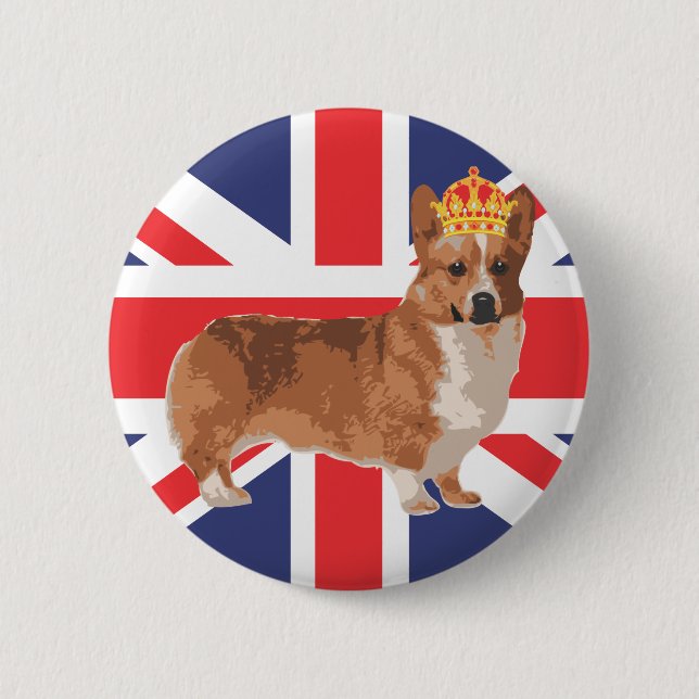 Drottning Corgi med kronan och den fackliga jacken Knapp (Framsida)