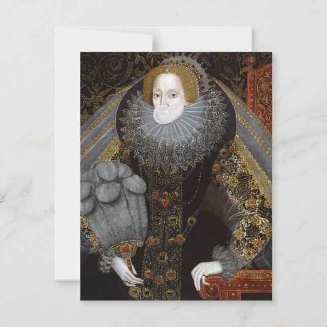 Drottning Elizabeth I som blåser en vit tuggummibu (Framsida)