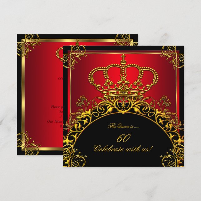 Drottning eller Kung Regal Röd Guld Royal Födelsed Inbjudningar (Fram/baksida)