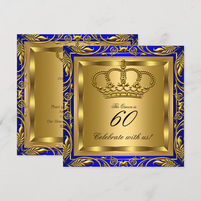 Drottning eller Kung Royal Blå Guld Elite Födelsed Inbjudningar (Fram/baksida)