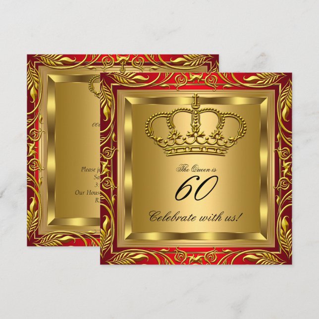 Drottning eller Kung Royal Röd Guld Elite Födelsed Inbjudningar (Fram/baksida)