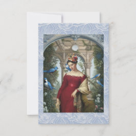 Drottning i rött med blå fåglar tack kort