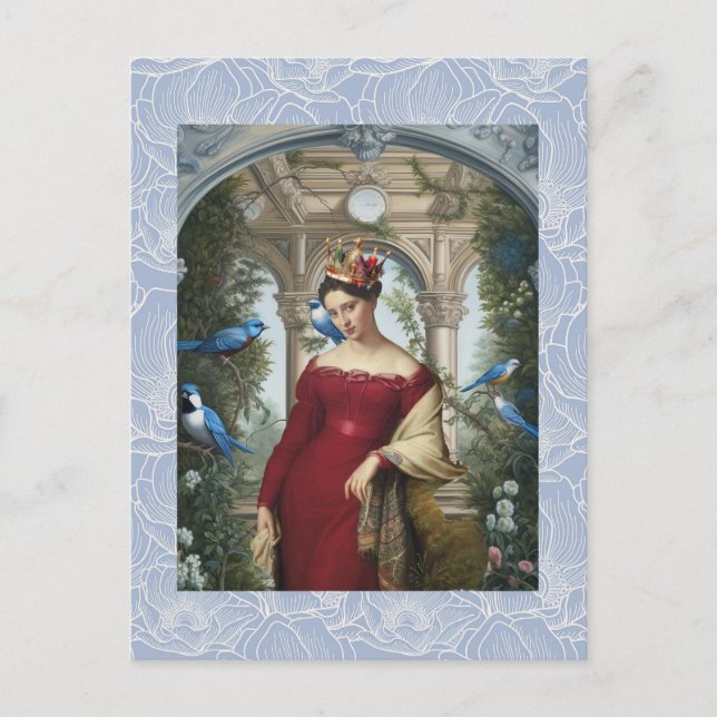 Drottning i rött med blå fåglar vykort (Framsida)