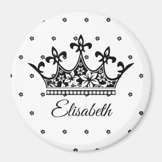 Drottning krona blommigt, svart, vit, vacker vinta magnet (Framsidan)