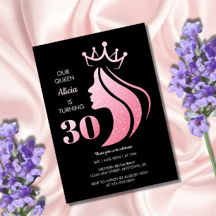 Drottning Krona Rosa Glitter Svart 30-årsdag Inbjudningar