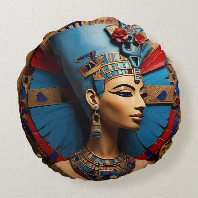 drottning Nefertiti gammal egyptisk gud Rund Kudde (Baksidan)