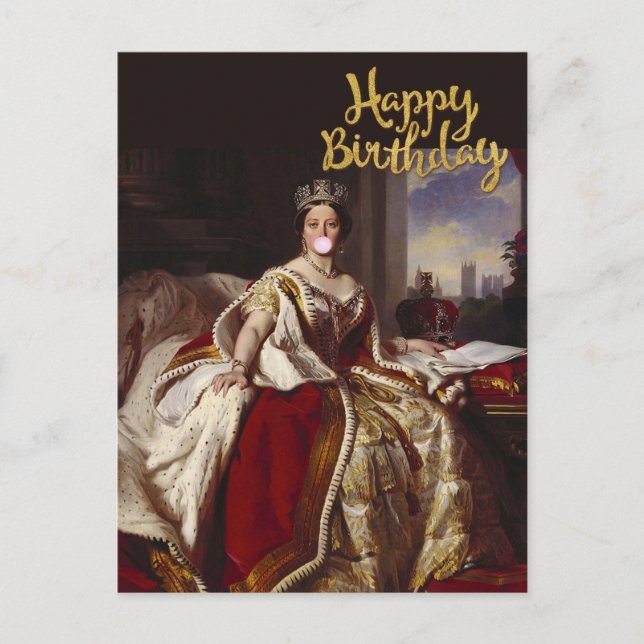 DROTTNING VICTORIA SOM BLÅSER EN ROSA BUBBELGUMMI  VYKORT (Framsida)