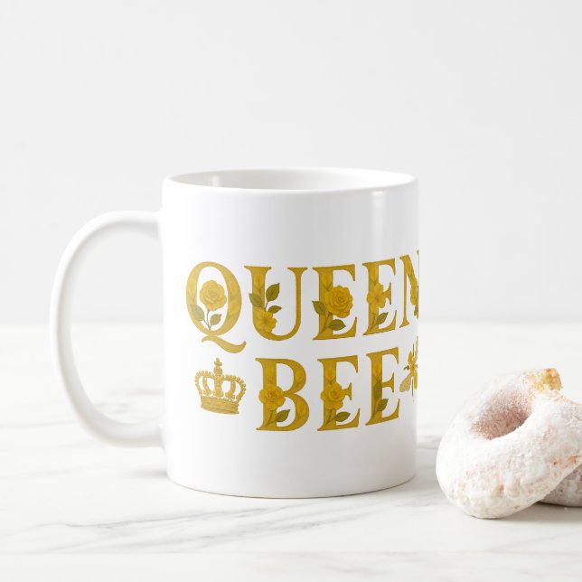 Drottningbi Guld Kunglig Krona Blommig Honungsbi Kaffemugg (Med munk)