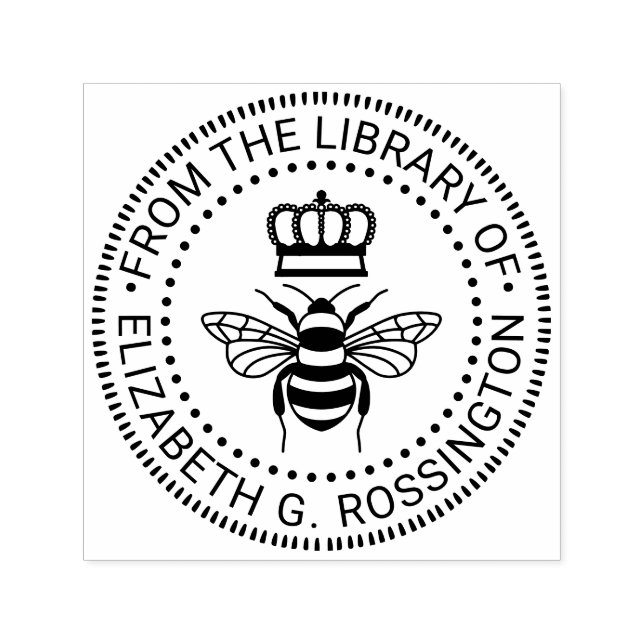 Drottningbin Med Krona “Från bibliotek av” #3 Namn Självfärgande Stämpel (Design)