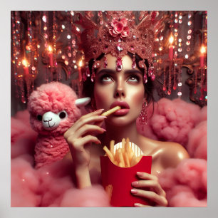 Drottningen i krona med Fransk fries och alpaca Poster