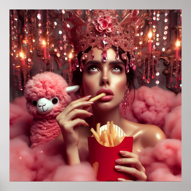 Drottningen i krona med Fransk fries och alpaca Poster (Framsidan)