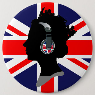 DROTTNINGEN MED HÖRLURAR (UK-FLAGGA) knäppas Knapp