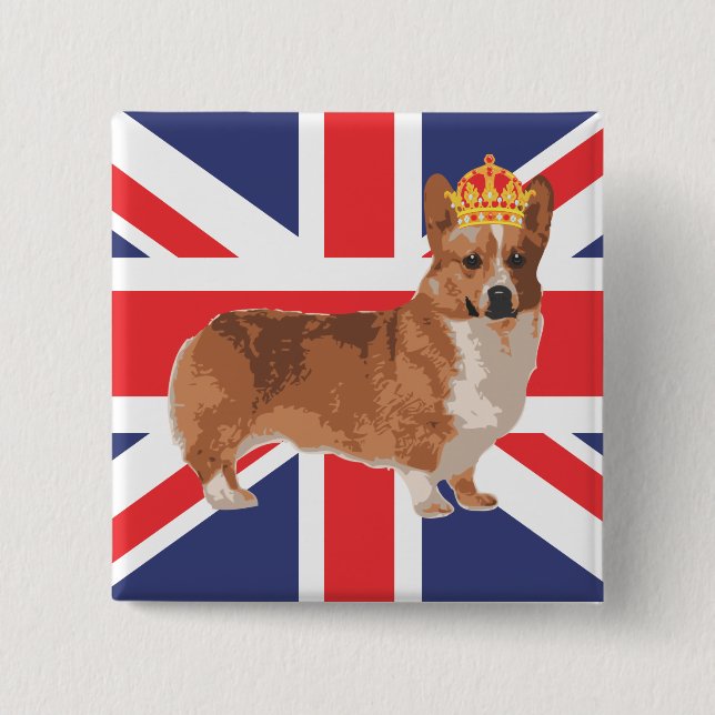 Drottningens Corgi med Krona och Union Jack Knapp (Framsida)