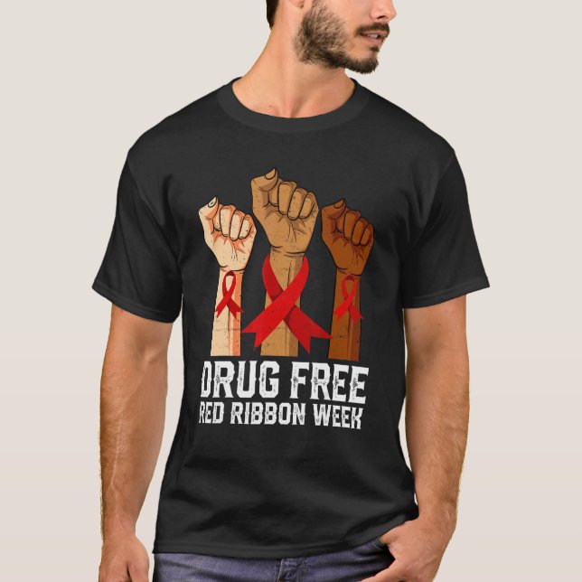 Drug Free Red Ribbon Week Awareness Hand Vi Bär R T Shirt (Framsida)
