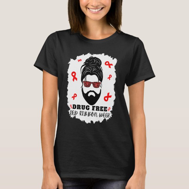 Drug Free Red Ribbon Week Messy Bun man with beard T Shirt (Framsida)
