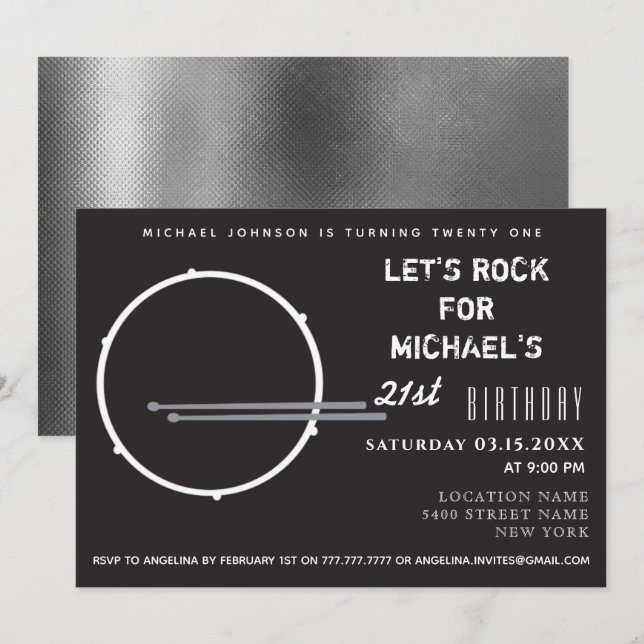 Drum Black and White 21:a födelsedagen Inbjudningar (Fram/baksida)