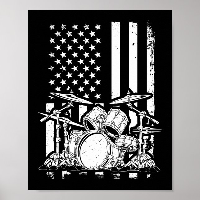 Drum Kit American Flagga Drummer Musician Poster (Framsidan)