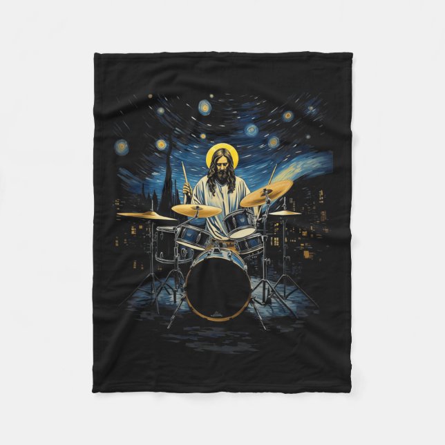 Drum Kit Percussionist Drummer Van Gogh Jesus Play Fleecefilt (Framsidan)